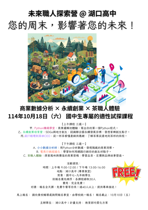 【輔導處】轉知~湖口高中「適性試探課程」,有興趣的學生到輔導室報名!圖片